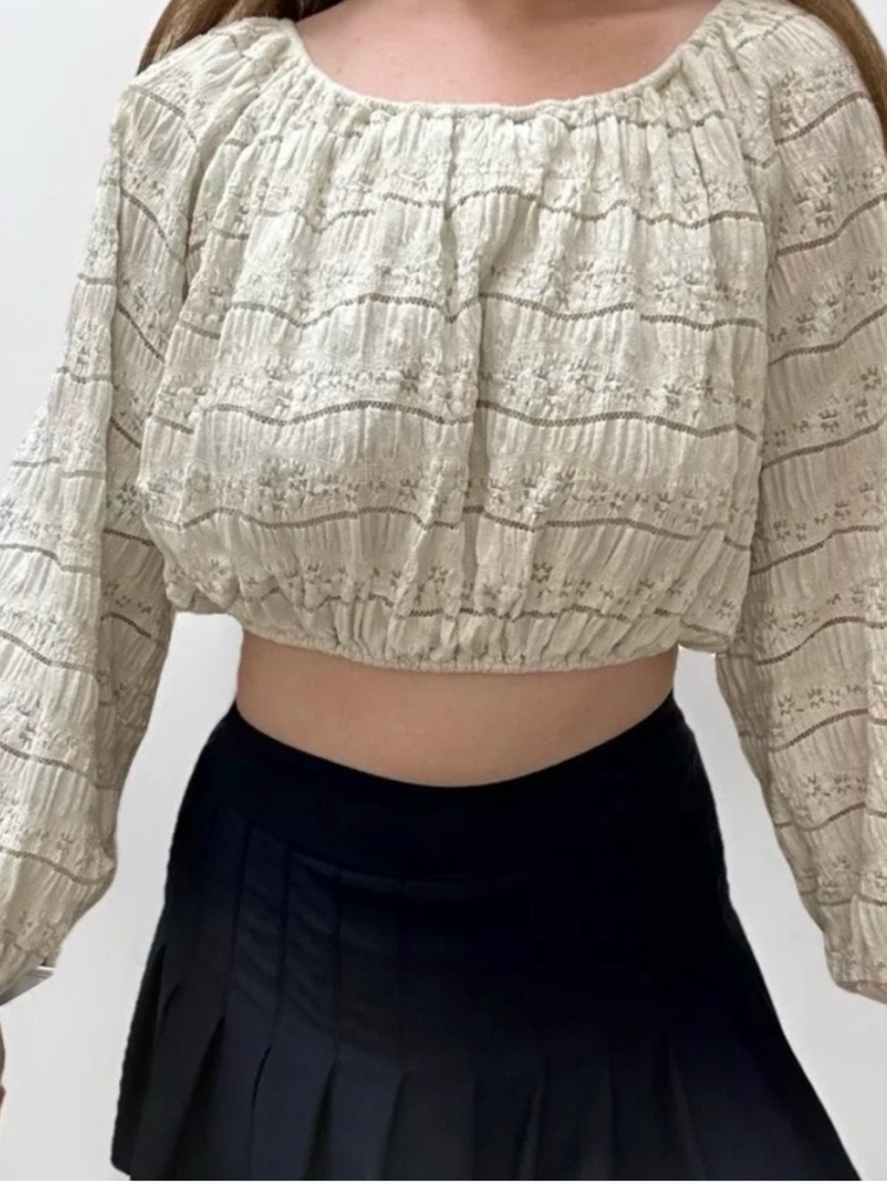 Lace Cottagecore Boho White Long Balloon Sleeve Crop Top Sz L Beachy Coastal